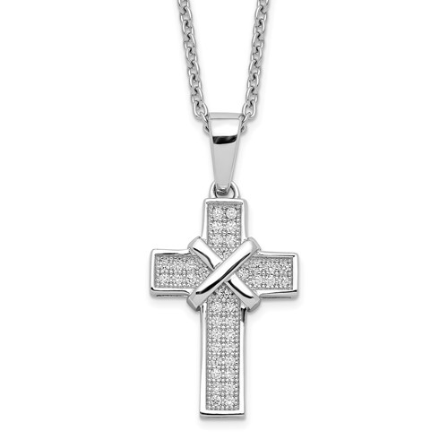 Brilliant Embers Sterling Silver Rhodium-plated 38 Stone Micro Pavé CZ Polished Cross Necklace with 2 Inch Extender, 18"