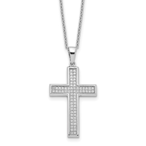Brilliant Embers Sterling Silver Rhodium-plated 68 Stone Micro Pavé CZ Polished Cross Necklace with 2 Inch Extender, 18"