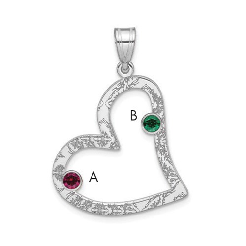 SSilver Rh-plated 2 Birthstone Heart Pendant with SSilver Bezel Family
