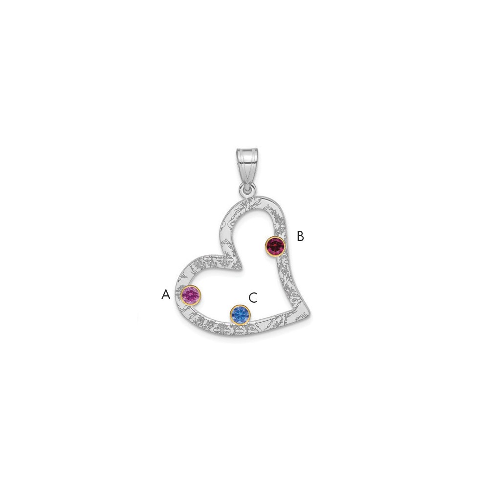 SSilver Rh-plated 3 Birthstone Heart Pendant with 14K Bezel Family