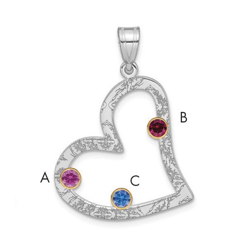 SSilver Rh-plated 3 Birthstone Heart Pendant with 14K Bezel Family