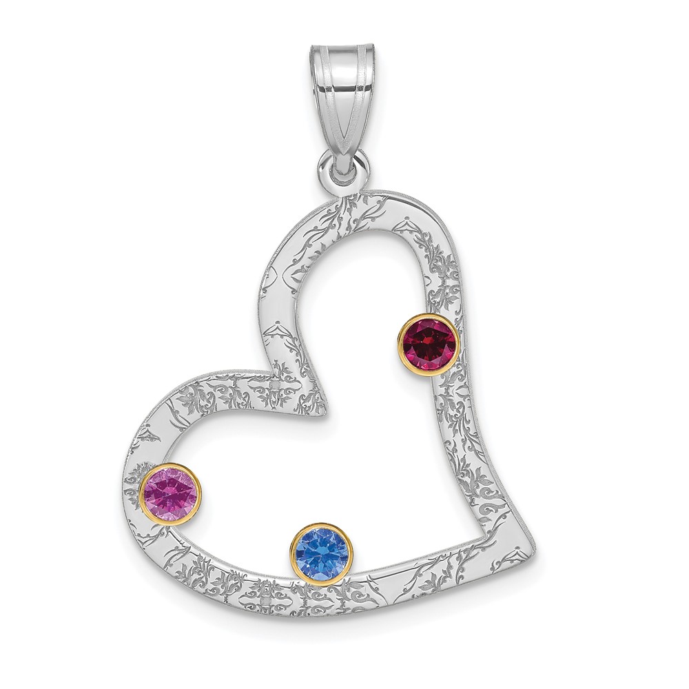 SS/Rhod-plated 3 Birthstone Heart with 18K Bezel Family Pendant