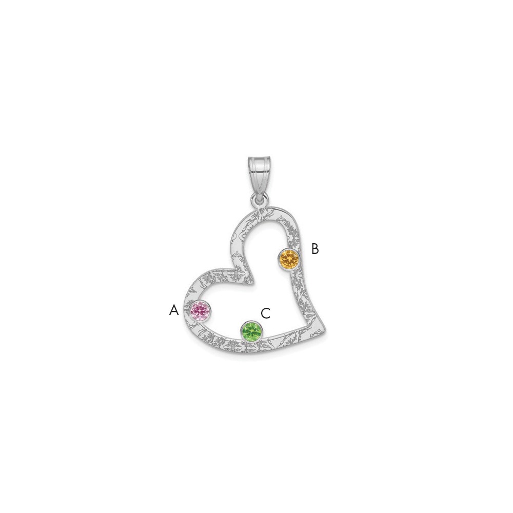 SS/Rhodium-plated 3 Birthstone Heart with SS Bezel Family Pendant