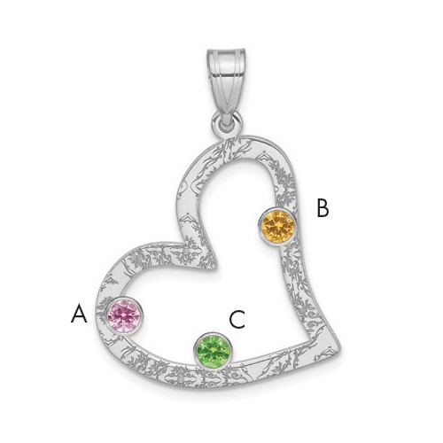 SSilver Rh-plated 3 Birthstone Heart Pendant with SSilver Bezel Family