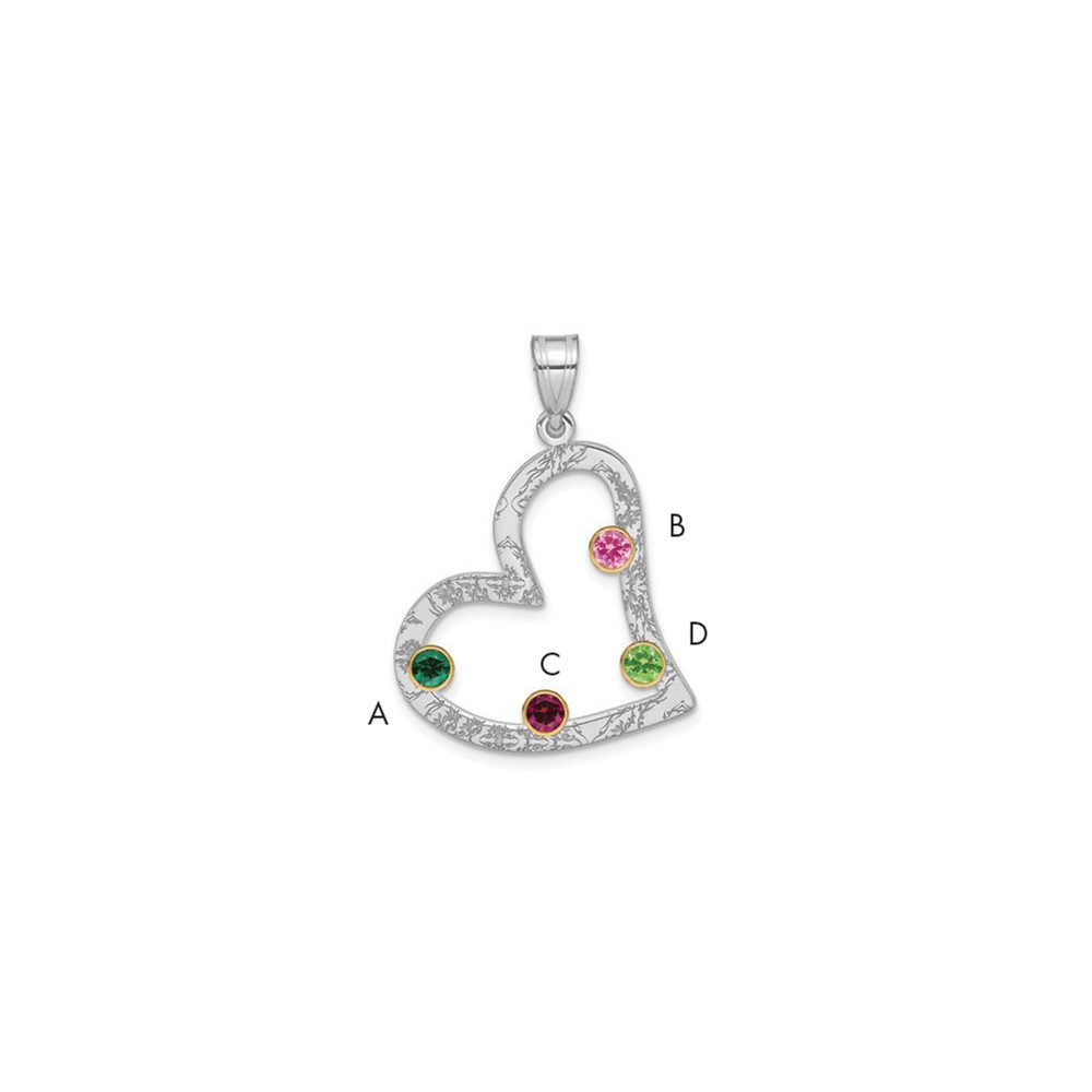 SSilver Rh-plated 4 Birthstone Heart Pendant with 14K Bezel Family