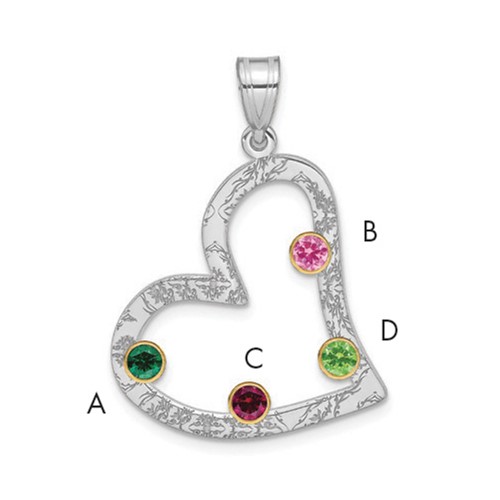 SSilver Rh-plated 4 Birthstone Heart Pendant with 14K Bezel Family