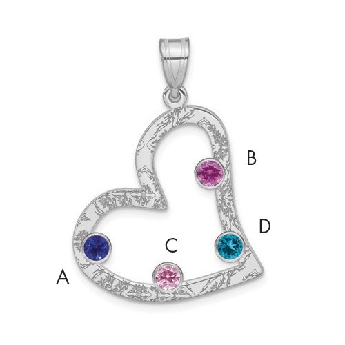 SSilver Rh-plated 4 Birthstone Heart Pendant with SSilver Bezel Family