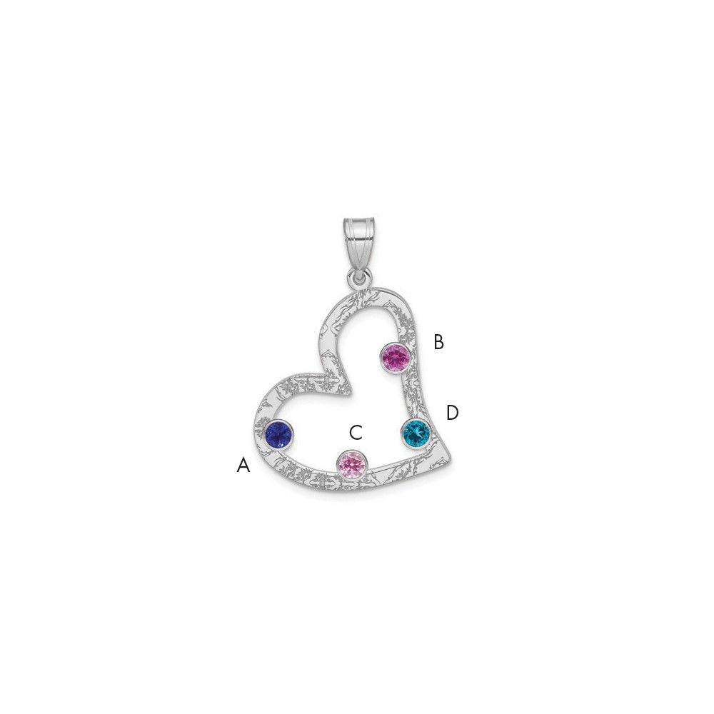 SS/Rhodium-plated 4 Birthstone Heart with SS Bezel Family Pendant