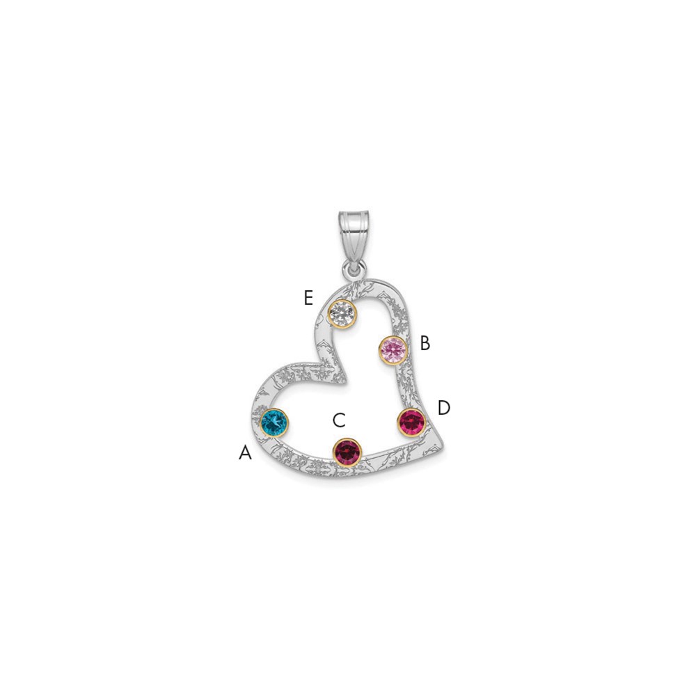 SSilver Rh-plated 5 Birthstone Heart Pendant with 14K Bezel Family
