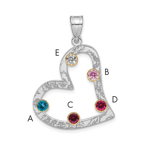 SSilver Rh-plated 5 Birthstone Heart Pendant with 14K Bezel Family