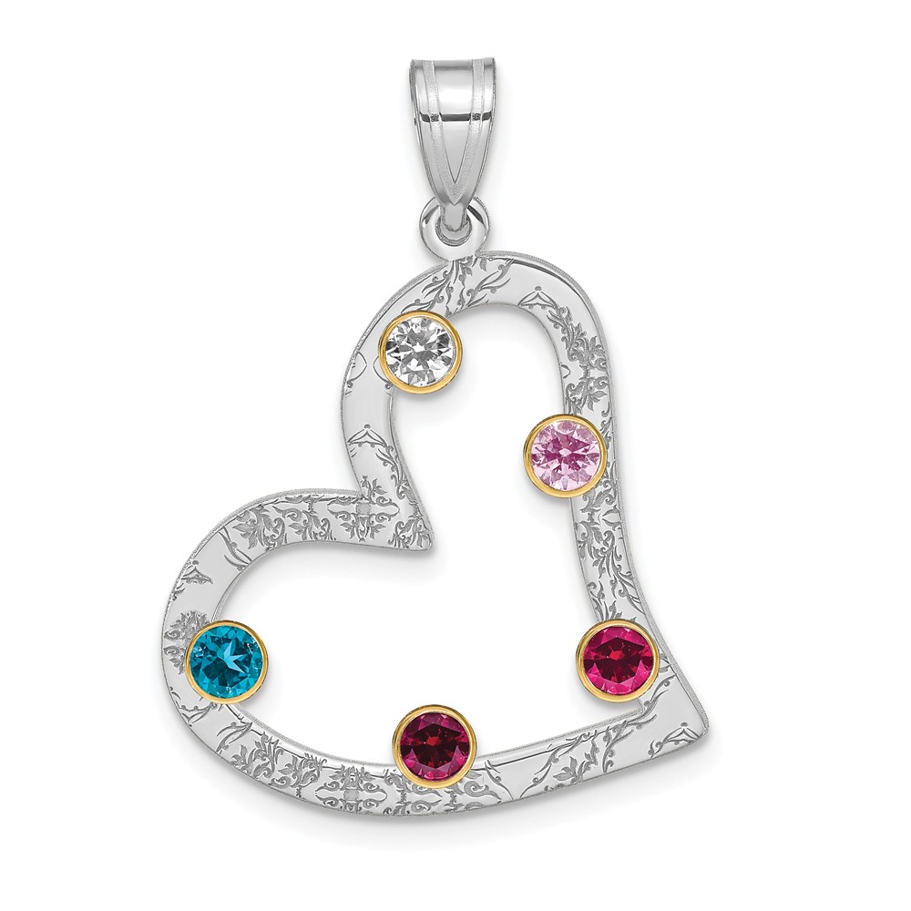SS/Rhod-plated 5 Birthstone Heart with 18K Bezel Family Pendant