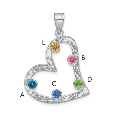 SSilver Rh-plated 5 Birthstone Heart Pendant with SSilver Bezel Family