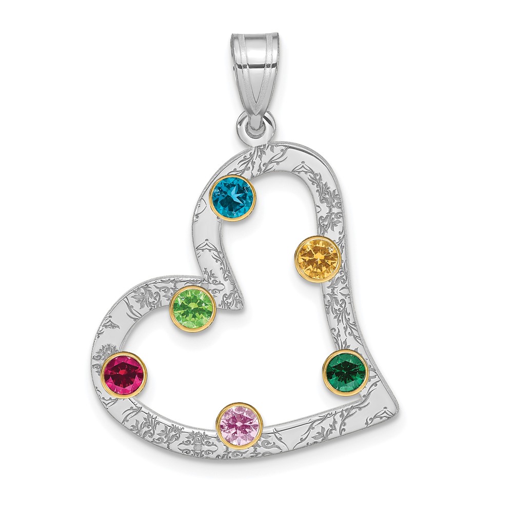 SS/Rhod-plated 6 Birthstone Heart with 18K Bezel Family Pendant