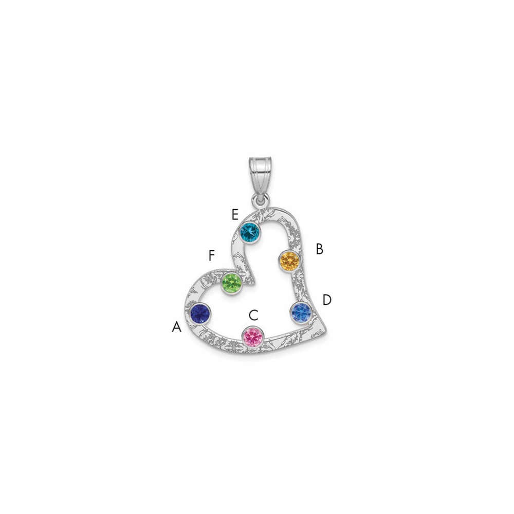 SS/Rhodium-plated 6 Birthstone Heart with SS Bezel Family Pendant