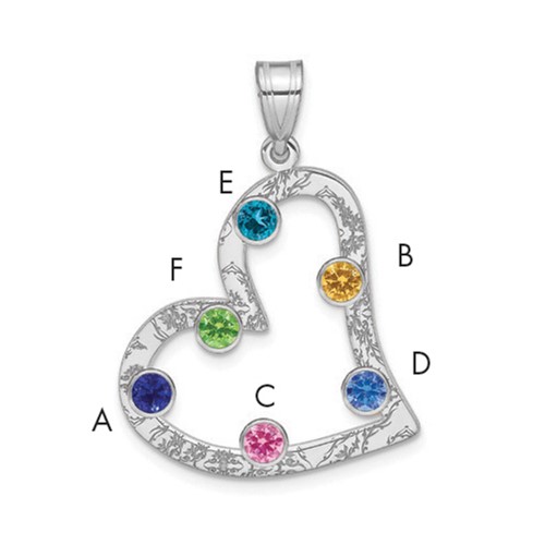 SSilver Rh-plated 6 Birthstone Heart Pendant with SSilver Bezel Family
