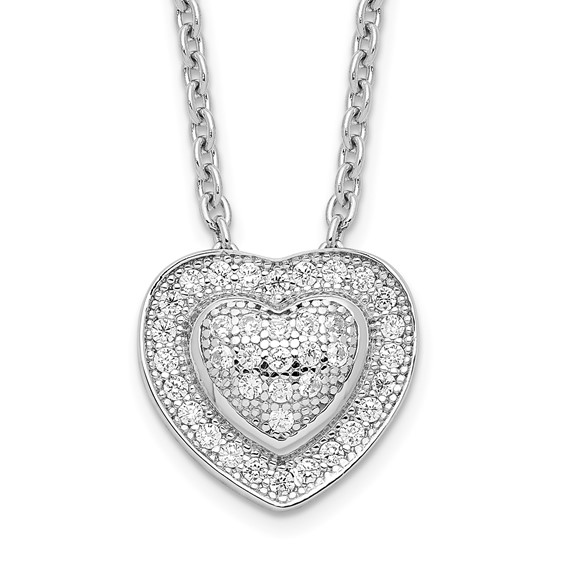 Brilliant Embers Sterling Silver Rhodium-plated 38 Stone 18 inch Micro Pavé CZ Heart Necklace with 2 Inch Extender
