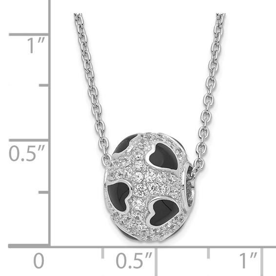 True Fire Sterling Silver Black Enamel & CZ Heart Bead Necklace