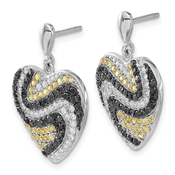 Brilliant Embers Sterling Silver Black Yellow & Clear CZ Heart Earrings