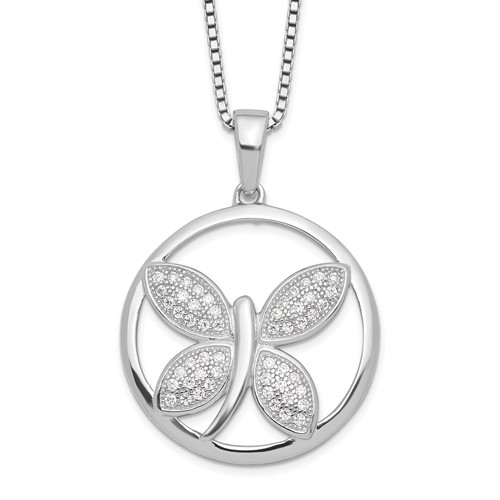 Brilliant Embers Sterling Silver Rhodium-plated 52 Stone Micro Pavé CZ Butterfly Necklace with 2 Inch Extender, 18"