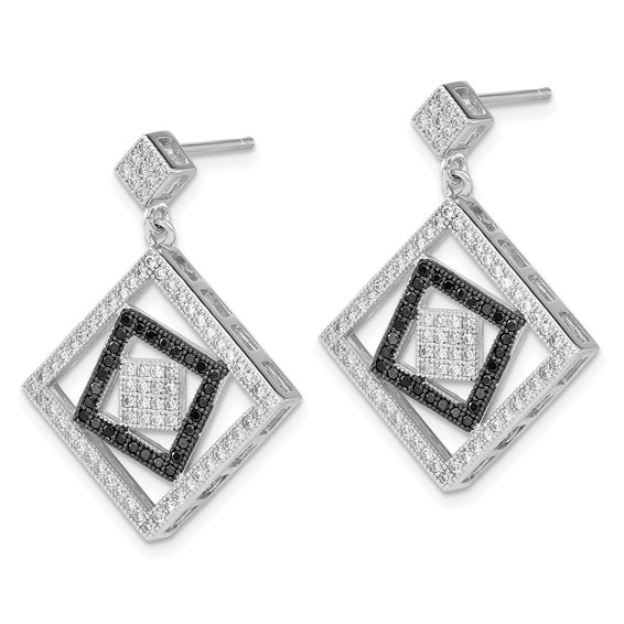 True Fire Sterling Silver Black & White CZ Square Design Dangle Earrings