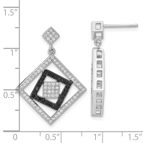 True Fire Sterling Silver Black & White CZ Square Design Dangle Earrings