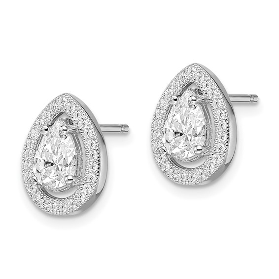 Brilliant Embers Sterling Silver Rhodium-plated 52 Stone Pear Halo Micro Pavé CZ Teardrop Post Earrings