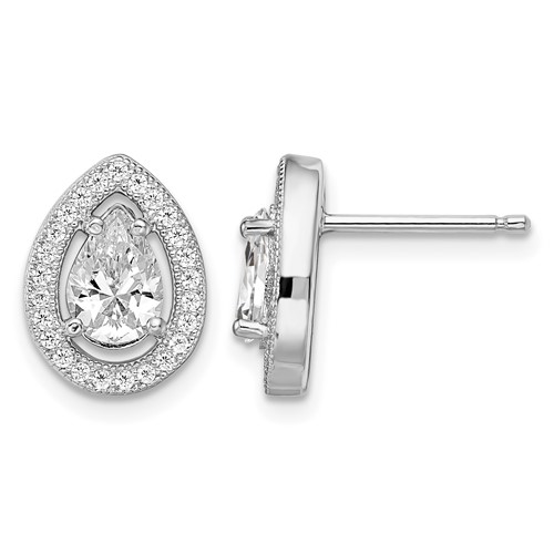 Brilliant Embers Sterling Silver Rhodium-plated 52 Stone Pear Halo Micro Pavé CZ Teardrop Post Earrings