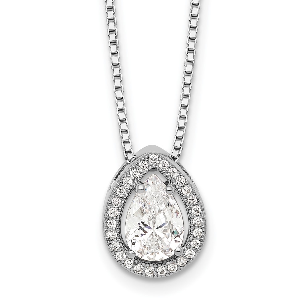 Brilliant Embers Sterling Silver Rhodium-plated 28 Stone Halo Micro Pavé CZ Teardrop Necklace with 2 Inch Extender, 18"