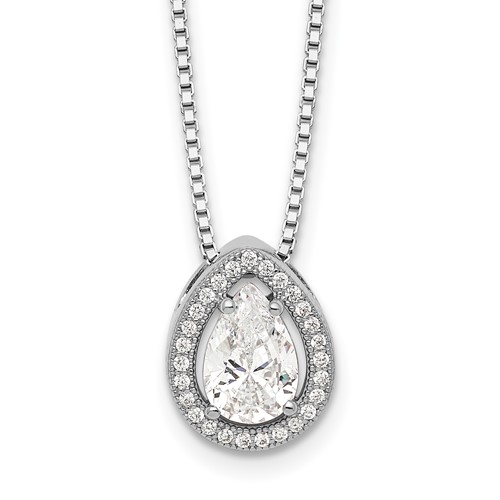 Brilliant Embers Sterling Silver Rhodium-plated 28 Stone Halo Micro Pavé CZ Teardrop Necklace with 2 Inch Extender, 18"