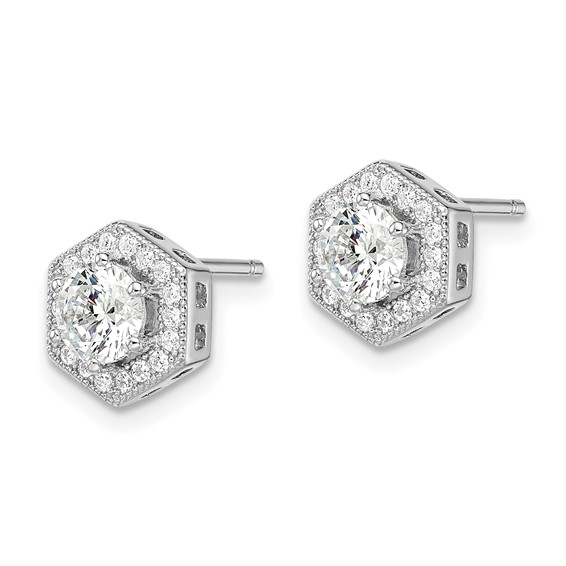Brilliant Embers Sterling Silver Rhodium-plated 38 stone Micro Pavé CZ Halo Hexagon Post Earrings