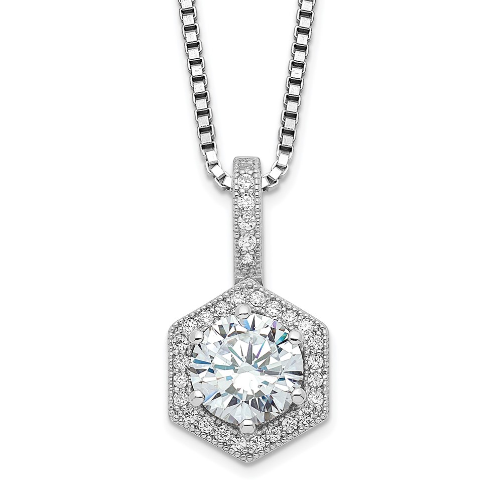 Brilliant Embers Sterling Silver Rhodium-plated 31 Stone Micro Pavé CZ Hexagon Necklace with 2 Inch Extender, 18"