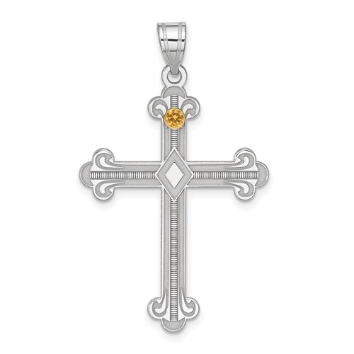 Sterling Silver Rh-plt 14K Bezel Crystal Family Cross Pendant