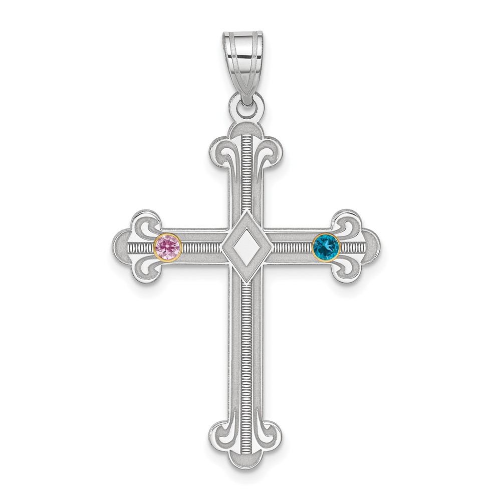 Sterling Silver Rh-plt 14K Bezel Crystal Family Cross Pendant
