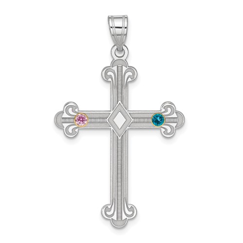 Sterling Silver Rh-plt 14K Bezel Crystal Family Cross Pendant