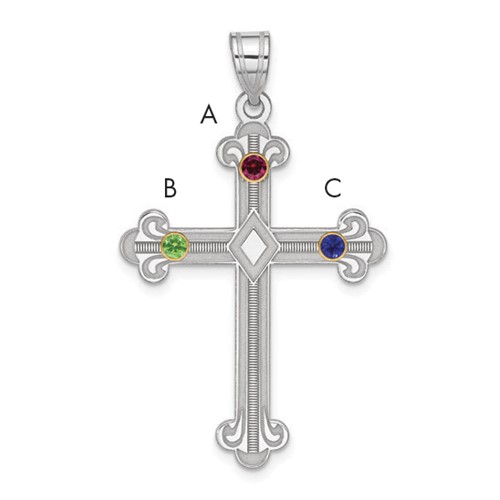 Sterling Silver Rh-plt 14K Bezel Crystal Family Cross Pendant