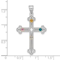 Sterling Silver Rh-plt 14K Bezel Crystal Family Cross Pendant view 2