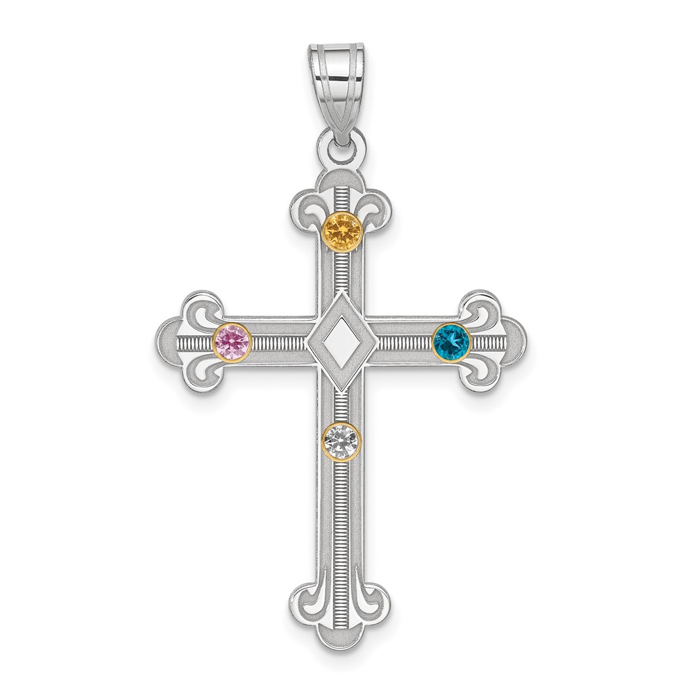 Sterling Silver Rh-plt 14K Bezel Crystal Family Cross Pendant