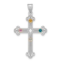 Sterling Silver Rh-plt 14K Bezel Crystal Family Cross Pendant view 1