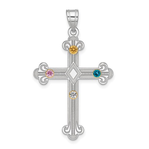 Sterling Silver Rh-plt 14K Bezel Crystal Family Cross Pendant