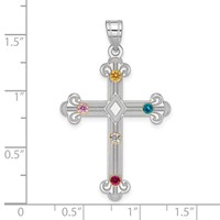 Sterling Silver Rh-plt 14K Bezel Crystal Family Cross Pendant view 2