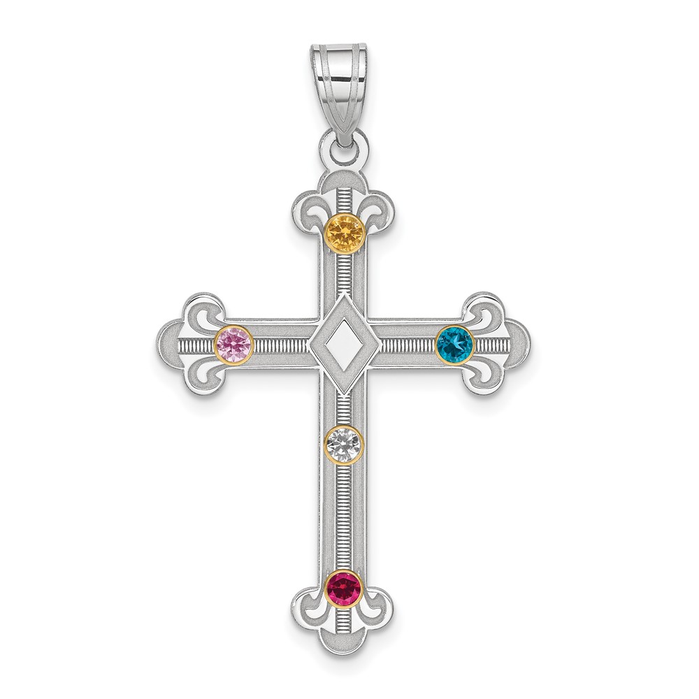 Sterling Silver Rh-plt 14K Bezel Crystal Family Cross Pendant