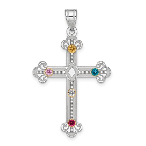 Sterling Silver Rh-plt 14K Bezel Crystal Family Cross Pendant