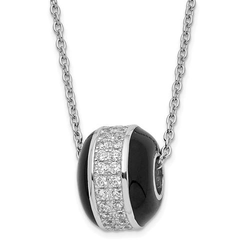 True Fire Sterling Silver Black Enamel & CZ Bead Necklace