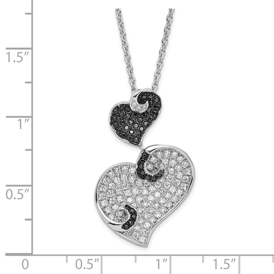 Sterling Silver Black & Clear CZ Brilliant Embers Hearts Necklace