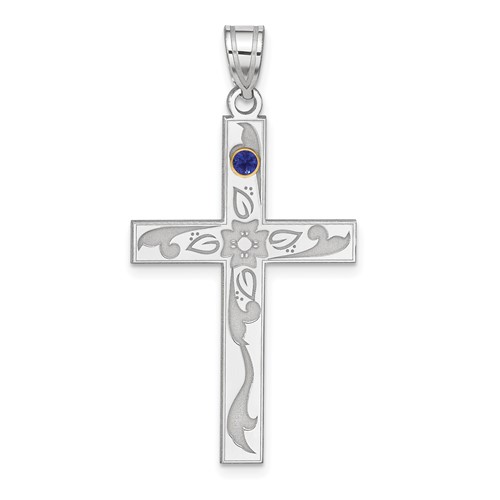 Sterling Silver Rh-plt 14K Bezel Crystal Family Cross Pendant