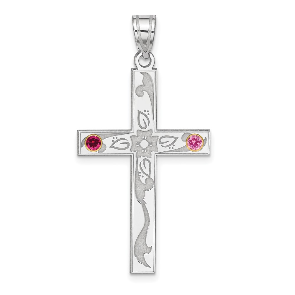 Sterling Silver Rh-plt 14K Bezel Crystal Family Cross Pendant