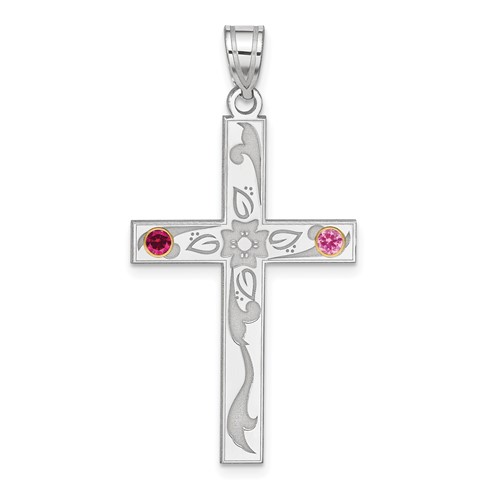 Sterling Silver Rh-plt 14K Bezel Crystal Family Cross Pendant