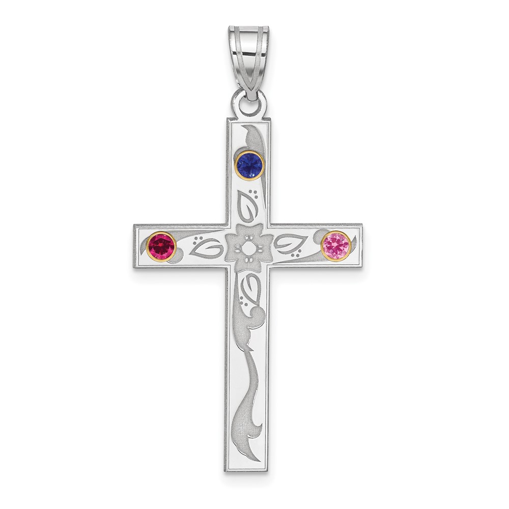 Sterling Silver Rh-plt 14K Bezel Crystal Family Cross Pendant