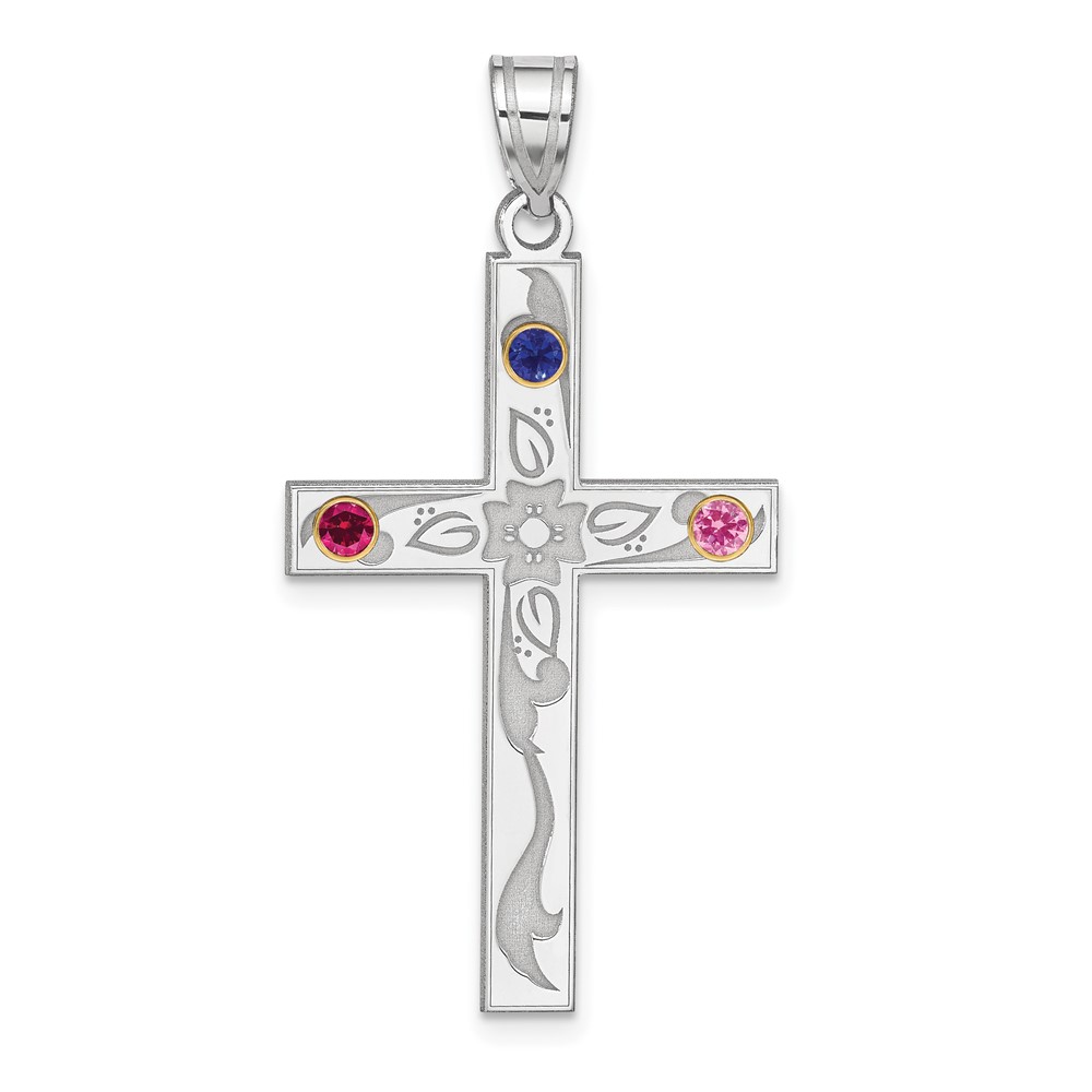 Sterling Silver Rh-plt/18k Bezel Crystal Family Cross Pendant