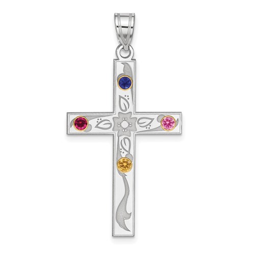 Sterling Silver Rh-plt 14K Bezel Crystal Family Cross Pendant